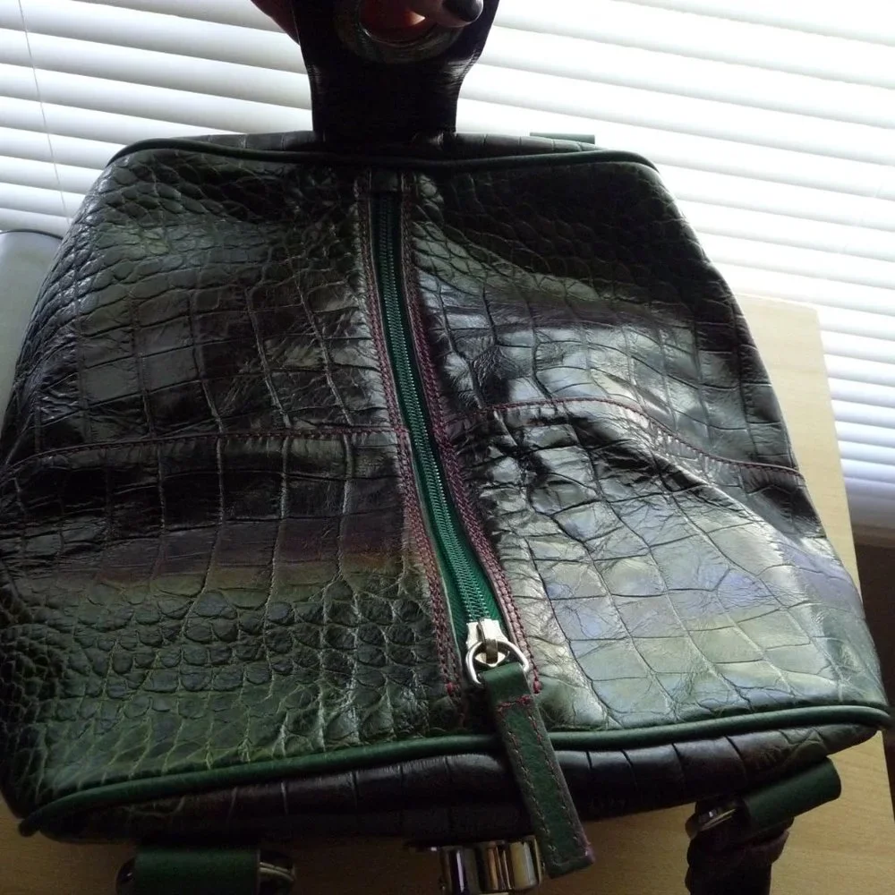 Green Croc-Texture Satchel with Silver Accent